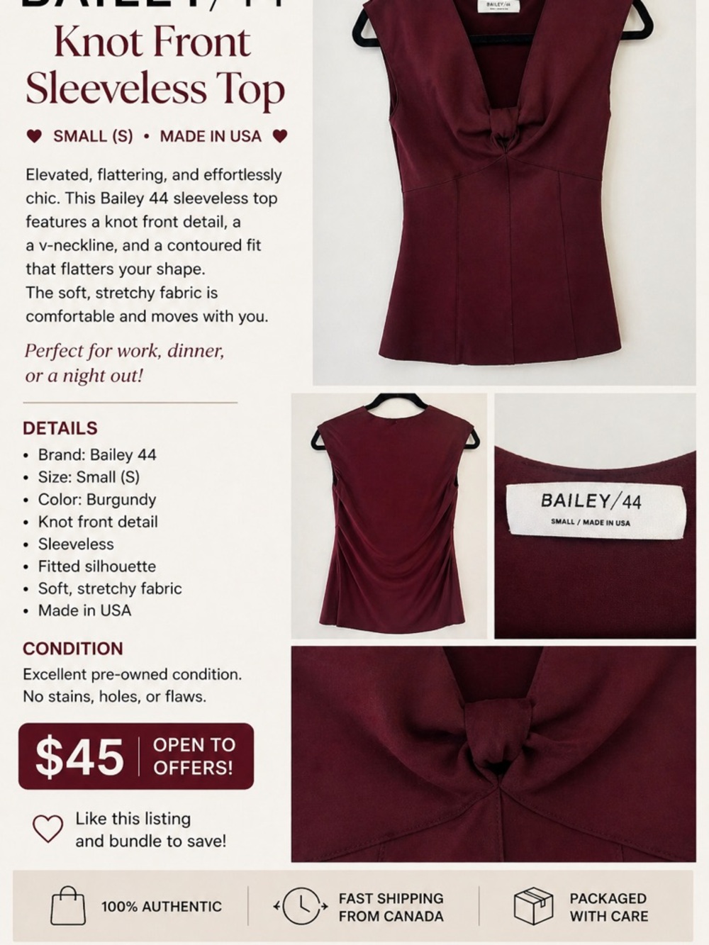 Bailey 44 Burgundy Knot Front Top – Size small